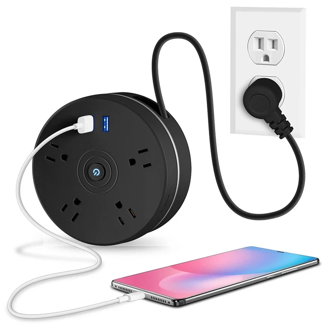 Main image of 6-in-1 Multi-Function Power Strip: 4 AC Outlets + 2 USB Ports, 6-Foot Retractable Power Cord, US-Standard Plug, Portable Travel Power Strip, White Black