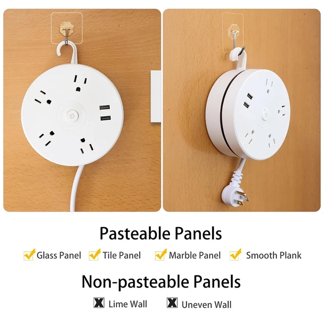 Alt view image 6 of 7 - 6-in-1 Multi-Function Power Strip: 4 AC Outlets + 2 USB Ports, 6-Foot Retractable Power Cord, US-Standard Plug, Portable Travel Power Strip, White Black