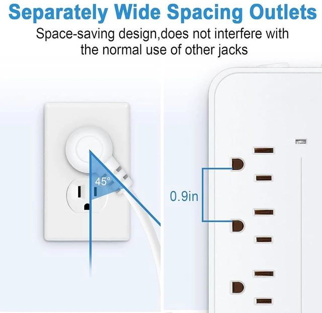 Alt view image 3 of 7 - 12-in-1 Surge Protector Power Strip, Lightning & Overload Protection, 10 AC Outlets + 4 USB Ports , 3.94ft (1.2M) 3-Prong Extension Cord, Wall-Mountable Charging Station for Home