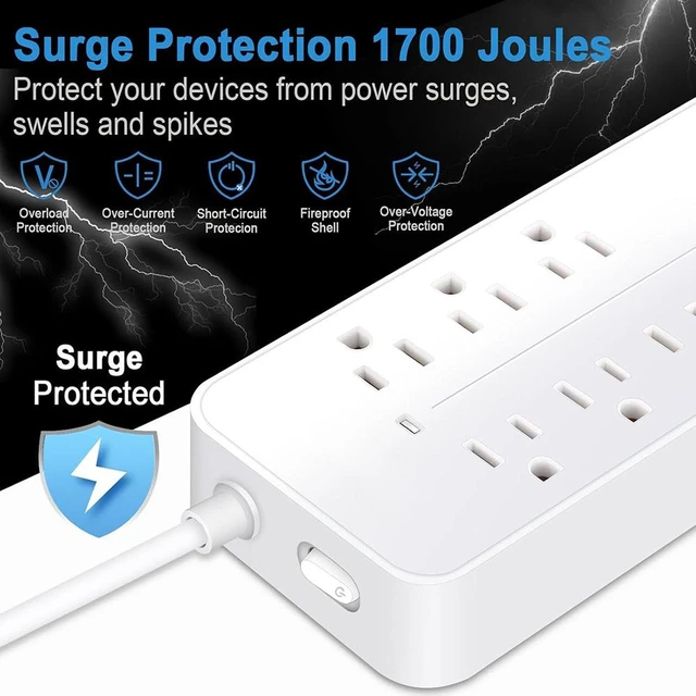 Alt view image 4 of 7 - 12-in-1 Surge Protector Power Strip, Lightning & Overload Protection, 10 AC Outlets + 4 USB Ports , 3.94ft (1.2M) 3-Prong Extension Cord, Wall-Mountable Charging Station for Home