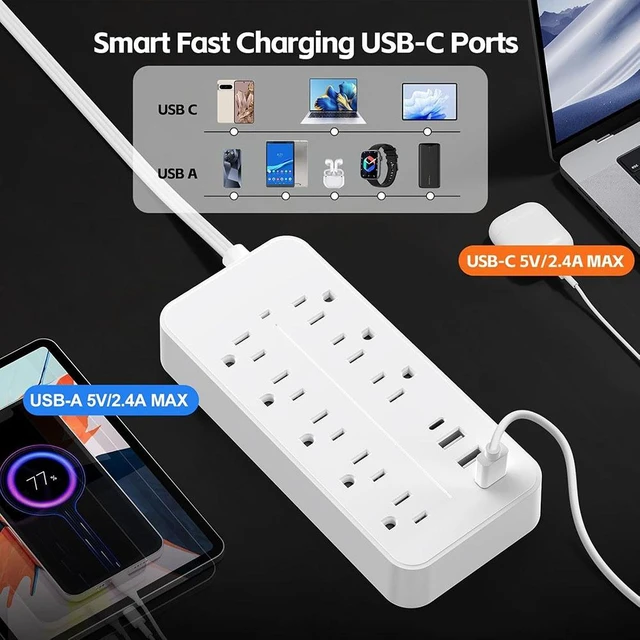 Alt view image 7 of 7 - 12-in-1 Surge Protector Power Strip, Lightning & Overload Protection, 10 AC Outlets + 4 USB Ports , 3.94ft (1.2M) 3-Prong Extension Cord, Wall-Mountable Charging Station for Home