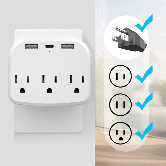 Alt view image 3 of 7 - Power Strip, 3 AC Outlets, 2 USB Ports & 1 TYPE-C Port, for Dormitories, Bedrooms, Offices and Travel Use, White