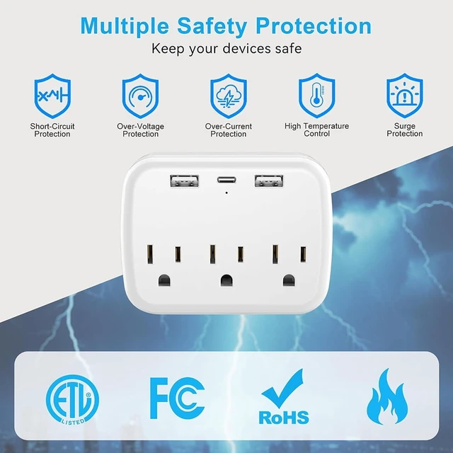 Alt view image 2 of 7 - Power Strip, 3 AC Outlets, 2 USB Ports & 1 TYPE-C Port, for Dormitories, Bedrooms, Offices and Travel Use, White