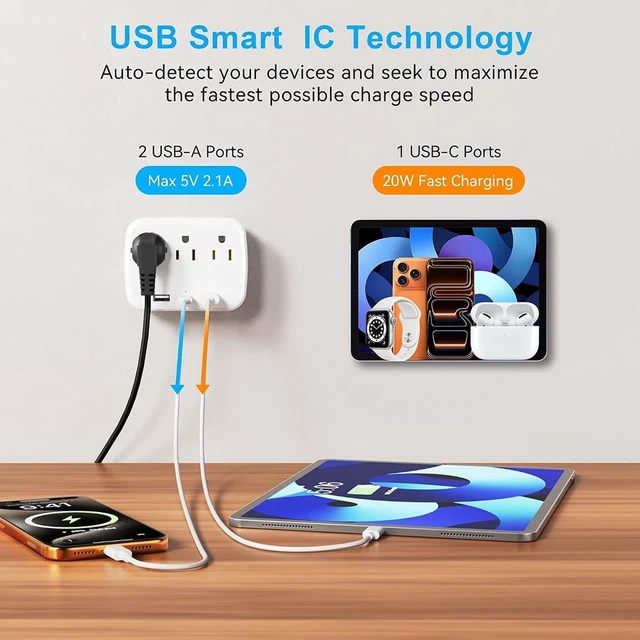 Alt view image 5 of 7 - Power Strip, 3 AC Outlets, 2 USB Ports & 1 TYPE-C Port, for Dormitories, Bedrooms, Offices and Travel Use, White
