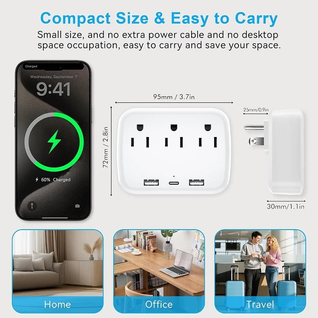 Alt view image 4 of 7 - Power Strip, 3 AC Outlets, 2 USB Ports & 1 TYPE-C Port, for Dormitories, Bedrooms, Offices and Travel Use, White