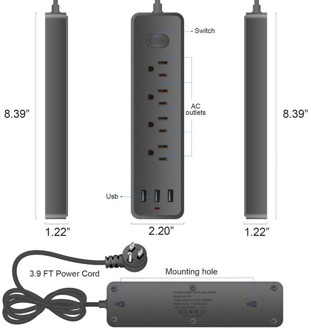 Alt view image 4 of 6 - Surge Protector Power Strip with 4 AC Outlets and 3 USB Ports , 3.9FT Cord Overload Safety Extension Cord , Compact Design for Home,Black