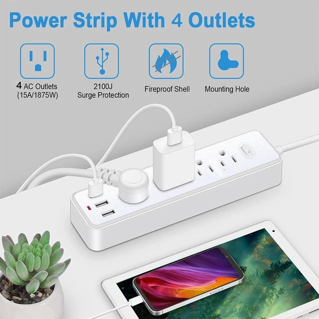 Alt view image 5 of 6 - Surge Protector Power Strip with 4 AC Outlets and 3 USB Ports , 3.9FT Cord Overload Safety Extension Cord , Compact Design for Home,Black
