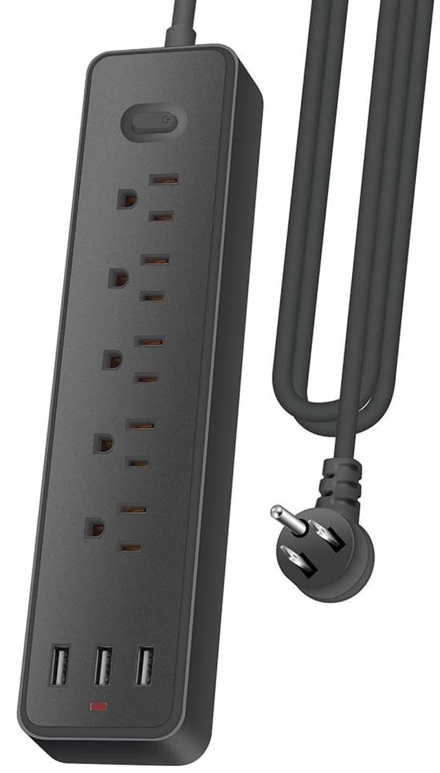Main image of 4FT Surge Protector Power Strip, 1700J, 5AC&3USB-A, Flat Plug Extension Cord Flat Power Strip, 2000W, 0.91in spcing, wall mount, charging station for home office, black