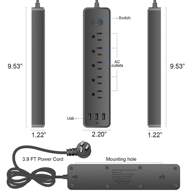 Alt view image 4 of 6 - 4FT Surge Protector Power Strip, 1700J, 5AC&3USB-A, Flat Plug Extension Cord Flat Power Strip, 2000W, 0.91in spcing, wall mount, charging station for home office, black