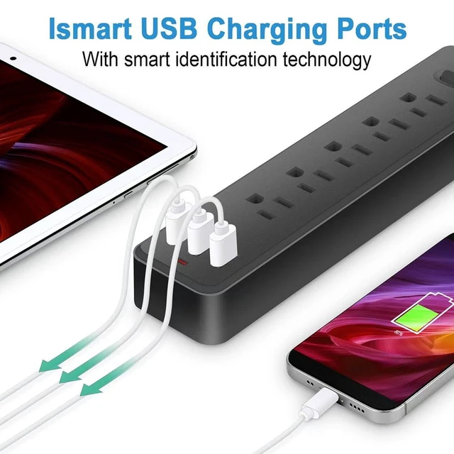 Alt view image 5 of 6 - 4FT Surge Protector Power Strip, 1700J, 5AC&3USB-A, Flat Plug Extension Cord Flat Power Strip, 2000W, 0.91in spcing, wall mount, charging station for home office, black
