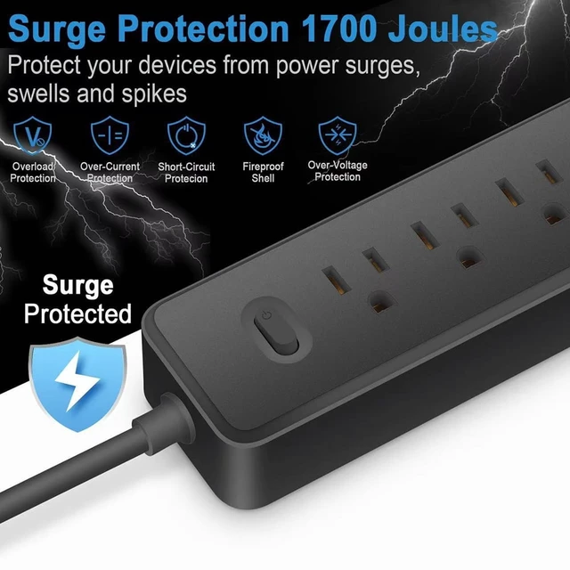 Alt view image 2 of 6 - 4FT Surge Protector Power Strip, 1700J, 5AC&3USB-A, Flat Plug Extension Cord Flat Power Strip, 2000W, 0.91in spcing, wall mount, charging station for home office, black