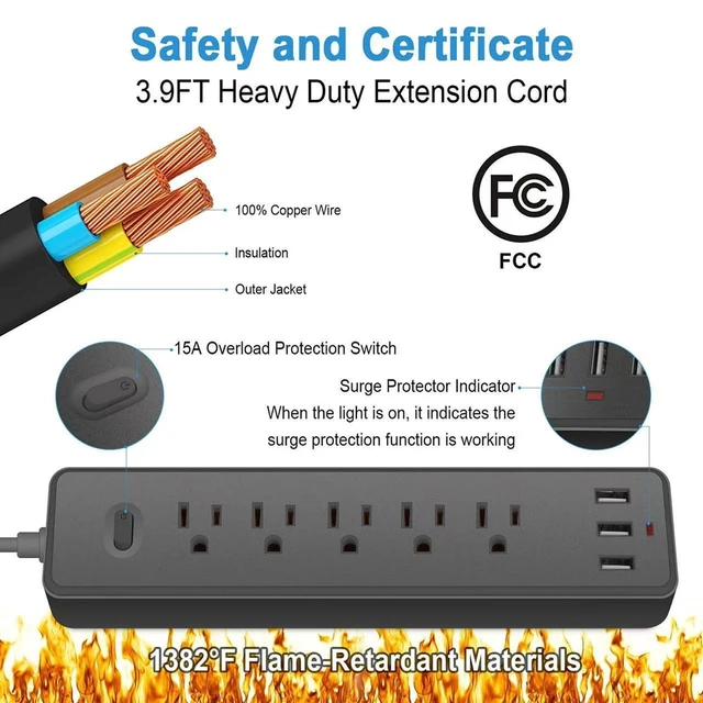 Alt view image 6 of 6 - 4FT Surge Protector Power Strip, 1700J, 5AC&3USB-A, Flat Plug Extension Cord Flat Power Strip, 2000W, 0.91in spcing, wall mount, charging station for home office, black