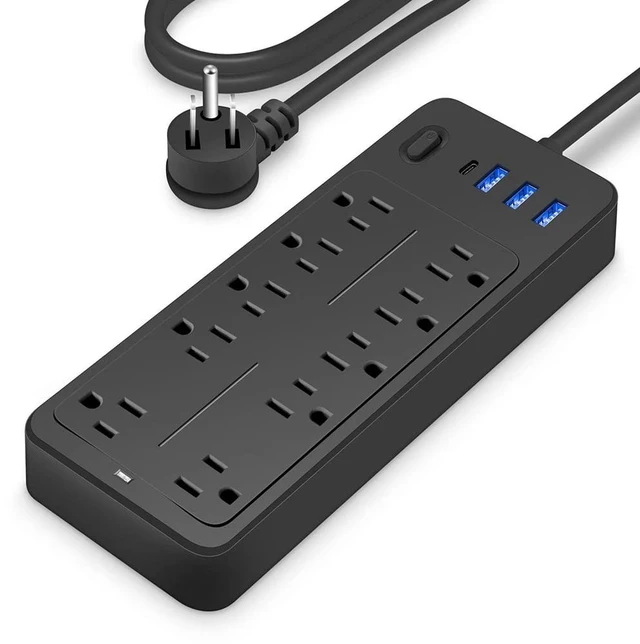 Main image of 4FT Power Strips with 2000W/13A,10 Outlets with 4 USB Ports (1 USB C) Long Extension Cord with Multiple Outlets 14-in-1 1700J 16Awg Flat Plug Power Strip Protector Black ETL Listed