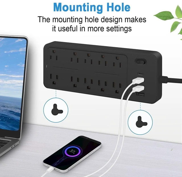 Alt view image 6 of 7 - 4FT Power Strips with 2000W/13A,10 Outlets with 4 USB Ports (1 USB C) Long Extension Cord with Multiple Outlets 14-in-1 1700J 16Awg Flat Plug Power Strip Protector Black ETL Listed