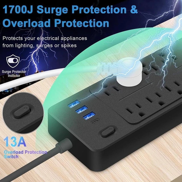 Alt view image 2 of 7 - 4FT Power Strips with 2000W/13A,10 Outlets with 4 USB Ports (1 USB C) Long Extension Cord with Multiple Outlets 14-in-1 1700J 16Awg Flat Plug Power Strip Protector Black ETL Listed