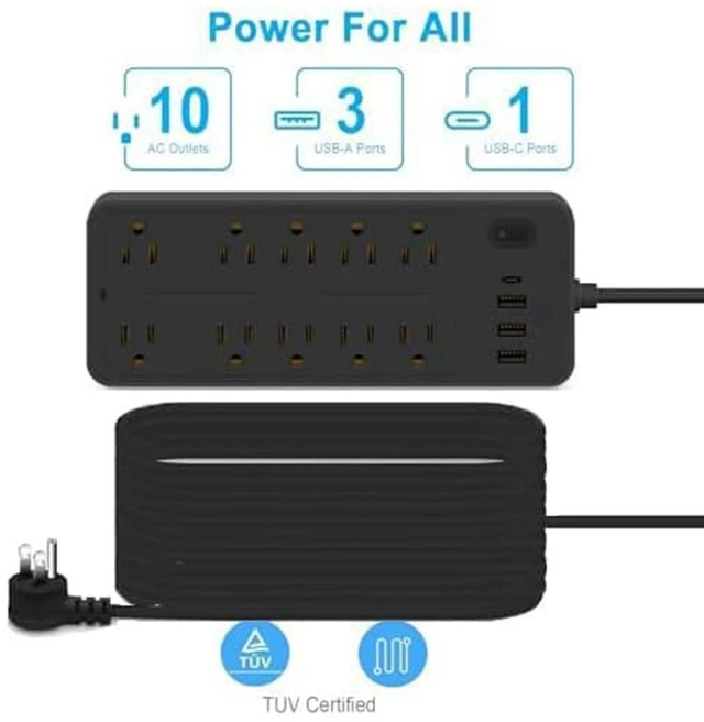 Alt view image 3 of 7 - 4FT Power Strips with 2000W/13A,10 Outlets with 4 USB Ports (1 USB C) Long Extension Cord with Multiple Outlets 14-in-1 1700J 16Awg Flat Plug Power Strip Protector Black ETL Listed