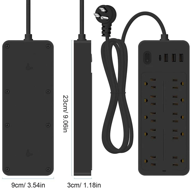 Alt view image 5 of 7 - 4FT Power Strips with 2000W/13A,10 Outlets with 4 USB Ports (1 USB C) Long Extension Cord with Multiple Outlets 14-in-1 1700J 16Awg Flat Plug Power Strip Protector Black ETL Listed