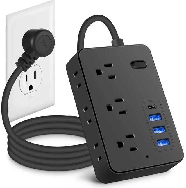 Main image of Surge Protector Power Strip 6 AC Outlet 3 USB-A 1 USB-C Portable Travel Extension Cord 3.9FT Flat Plug