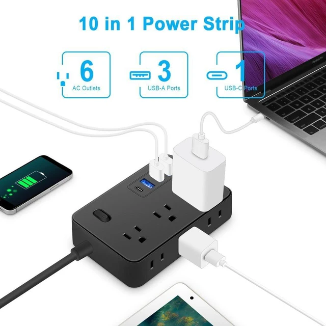 Alt view image 2 of 7 - Surge Protector Power Strip 6 AC Outlet 3 USB-A 1 USB-C Portable Travel Extension Cord 3.9FT Flat Plug