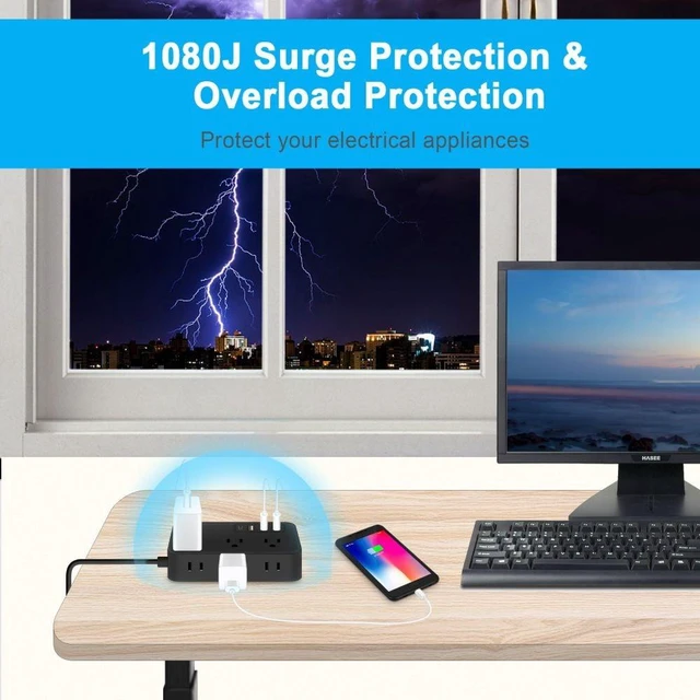 Alt view image 7 of 7 - Surge Protector Power Strip 6 AC Outlet 3 USB-A 1 USB-C Portable Travel Extension Cord 3.9FT Flat Plug