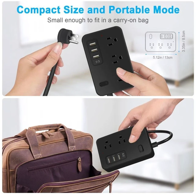 Alt view image 6 of 7 - Surge Protector Power Strip 6 AC Outlet 3 USB-A 1 USB-C Portable Travel Extension Cord 3.9FT Flat Plug