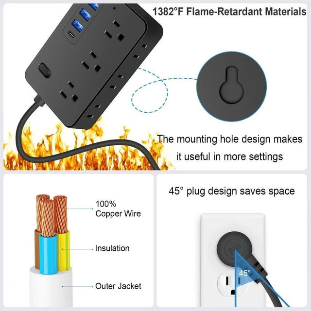 Alt view image 3 of 7 - Surge Protector Power Strip 6 AC Outlet 3 USB-A 1 USB-C Portable Travel Extension Cord 3.9FT Flat Plug