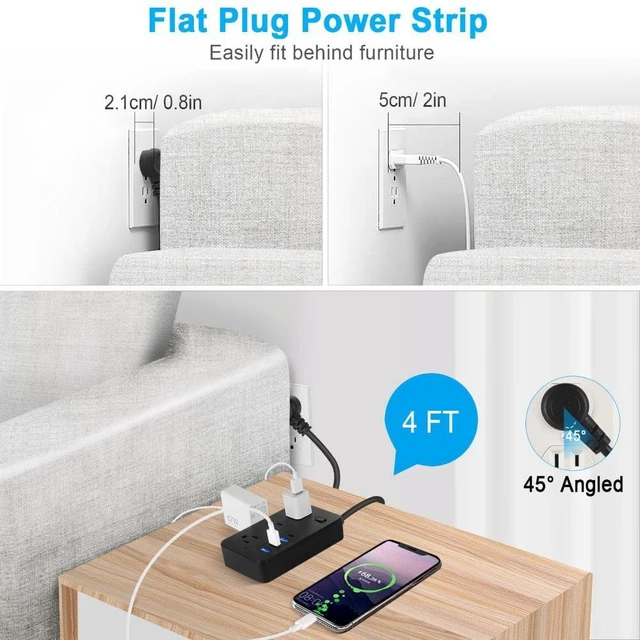 Alt view image 5 of 7 - Surge Protector Power Strip 6 AC Outlet 3 USB-A 1 USB-C Portable Travel Extension Cord 3.9FT Flat Plug