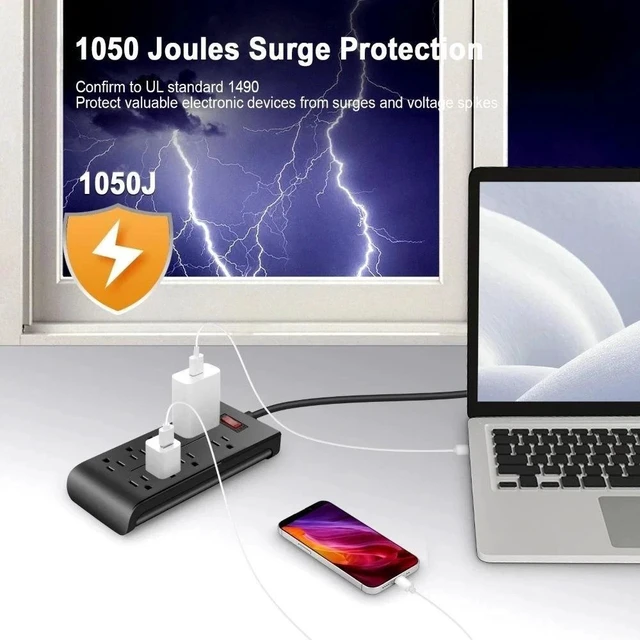 Alt view image 5 of 7 - Surge Protector Power Strip, 8 WideSpaced AC Outlets, Flat Plug Cord, WideSpaced Sockets Adapter, FlameResistant PC Housing, MultiSafety Protection, for Home, Office and DormRoom Charging