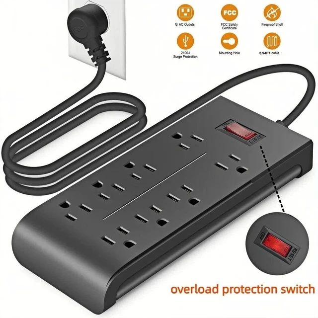 Alt view image 2 of 7 - Surge Protector Power Strip, 8 WideSpaced AC Outlets, Flat Plug Cord, WideSpaced Sockets Adapter, FlameResistant PC Housing, MultiSafety Protection, for Home, Office and DormRoom Charging