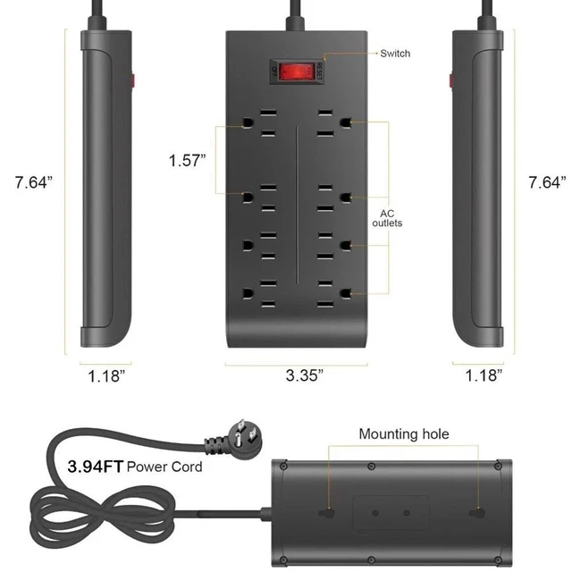 Alt view image 3 of 7 - Surge Protector Power Strip, 8 WideSpaced AC Outlets, Flat Plug Cord, WideSpaced Sockets Adapter, FlameResistant PC Housing, MultiSafety Protection, for Home, Office and DormRoom Charging