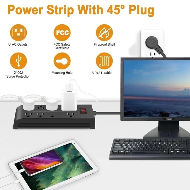 Alt view image 7 of 7 - Surge Protector Power Strip, 8 WideSpaced AC Outlets, Flat Plug Cord, WideSpaced Sockets Adapter, FlameResistant PC Housing, MultiSafety Protection, for Home, Office and DormRoom Charging