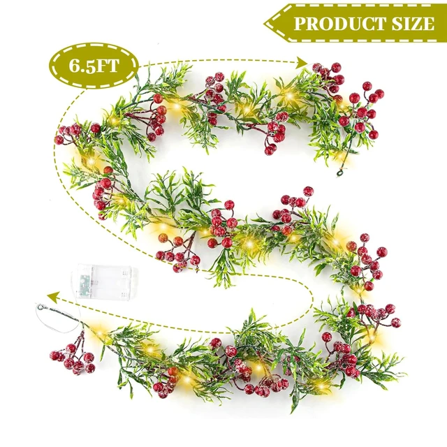 Alt view image 2 of 7 - Christmas Garland with Light,Lighted Snowy Red Berries Holly Leaves Garland for Fireplace Mantle Indoor Outdoor Christmas Decoration 6.5FT Pre-lit Battery Operated Xmas String Lights 1 Pack