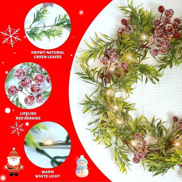 Alt view image 3 of 7 - Christmas Garland with Light,Lighted Snowy Red Berries Holly Leaves Garland for Fireplace Mantle Indoor Outdoor Christmas Decoration 6.5FT Pre-lit Battery Operated Xmas String Lights 1 Pack