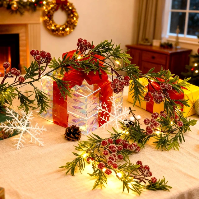 Alt view image 4 of 7 - Christmas Garland with Light,Lighted Snowy Red Berries Holly Leaves Garland for Fireplace Mantle Indoor Outdoor Christmas Decoration 6.5FT Pre-lit Battery Operated Xmas String Lights 1 Pack