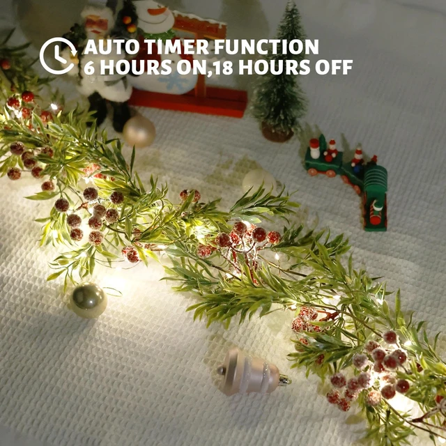 Alt view image 6 of 7 - Christmas Garland with Light,Lighted Snowy Red Berries Holly Leaves Garland for Fireplace Mantle Indoor Outdoor Christmas Decoration 6.5FT Pre-lit Battery Operated Xmas String Lights 1 Pack