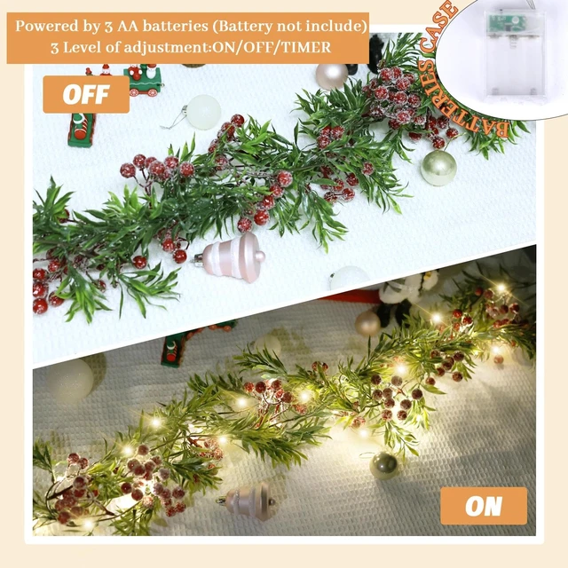 Alt view image 5 of 7 - Christmas Garland with Light,Lighted Snowy Red Berries Holly Leaves Garland for Fireplace Mantle Indoor Outdoor Christmas Decoration 6.5FT Pre-lit Battery Operated Xmas String Lights 1 Pack