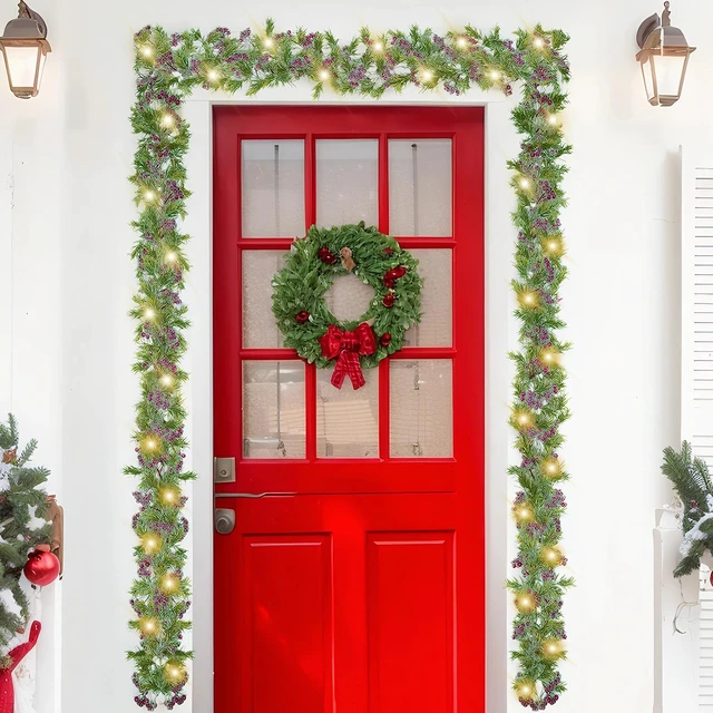 Alt view image 7 of 7 - Christmas Garland with Light,Lighted Snowy Red Berries Holly Leaves Garland for Fireplace Mantle Indoor Outdoor Christmas Decoration 6.5FT Pre-lit Battery Operated Xmas String Lights 1 Pack