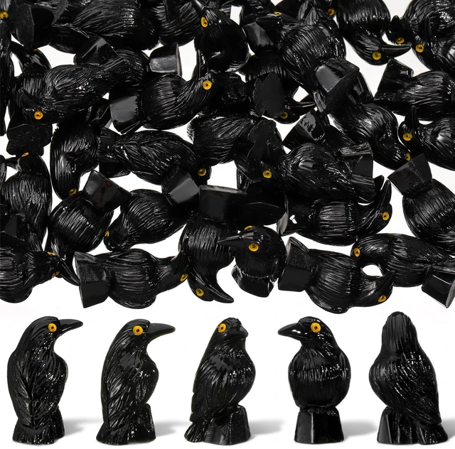 Main image of 50 Pcs Halloween Miniature Crow Figurines Black Resin Ravens | Tiny Crow Decor with Yellow Eyes for Spooky Tables, Gothic Raven Figures for Medieval Theme, Micro Landscape Animal Decor