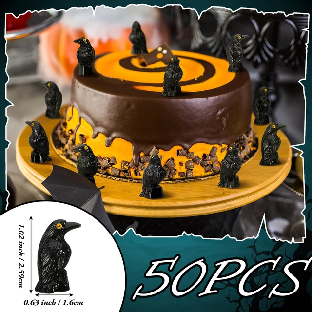 Alt view image 2 of 6 - 50 Pcs Halloween Miniature Crow Figurines Black Resin Ravens | Tiny Crow Decor with Yellow Eyes for Spooky Tables, Gothic Raven Figures for Medieval Theme, Micro Landscape Animal Decor