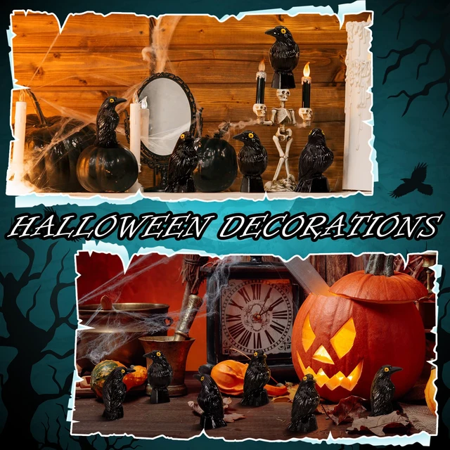 Alt view image 3 of 6 - 50 Pcs Halloween Miniature Crow Figurines Black Resin Ravens | Tiny Crow Decor with Yellow Eyes for Spooky Tables, Gothic Raven Figures for Medieval Theme, Micro Landscape Animal Decor