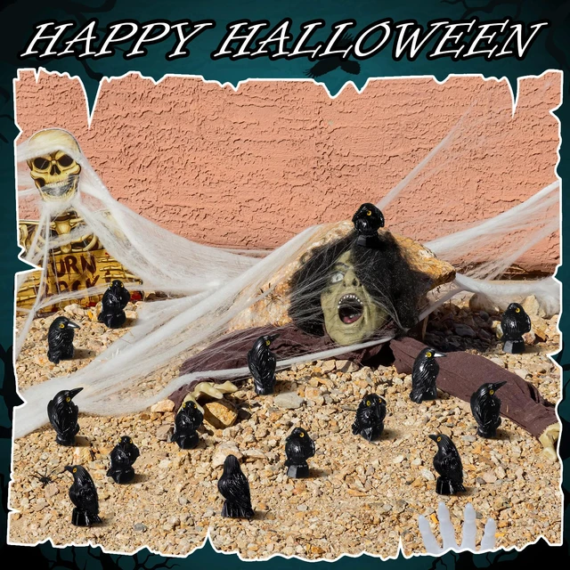 Alt view image 4 of 6 - 50 Pcs Halloween Miniature Crow Figurines Black Resin Ravens | Tiny Crow Decor with Yellow Eyes for Spooky Tables, Gothic Raven Figures for Medieval Theme, Micro Landscape Animal Decor