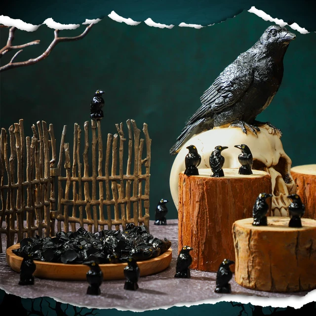 Alt view image 5 of 6 - 50 Pcs Halloween Miniature Crow Figurines Black Resin Ravens | Tiny Crow Decor with Yellow Eyes for Spooky Tables, Gothic Raven Figures for Medieval Theme, Micro Landscape Animal Decor
