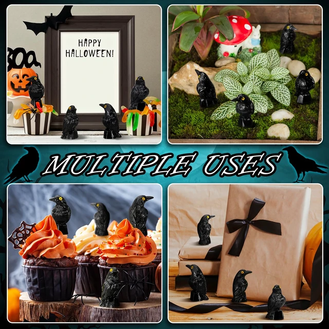 Alt view image 6 of 6 - 50 Pcs Halloween Miniature Crow Figurines Black Resin Ravens | Tiny Crow Decor with Yellow Eyes for Spooky Tables, Gothic Raven Figures for Medieval Theme, Micro Landscape Animal Decor