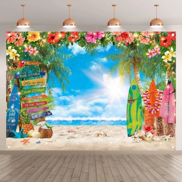 Main image of 7x5ft Summer Hawaiian Beach Photography Tropical Luau Backdrop | Flower Palm Leaves Background, Aloha Party Supplies, Surfboard Banner, Holiday Photo Booth, Polyester, Grommets, 1PC