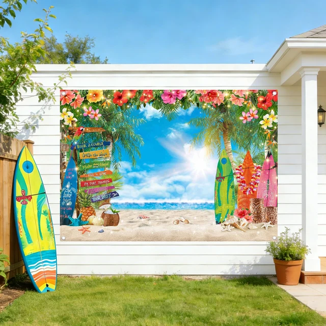 Alt view image 2 of 7 - 7x5ft Summer Hawaiian Beach Photography Tropical Luau Backdrop | Flower Palm Leaves Background, Aloha Party Supplies, Surfboard Banner, Holiday Photo Booth, Polyester, Grommets, 1PC