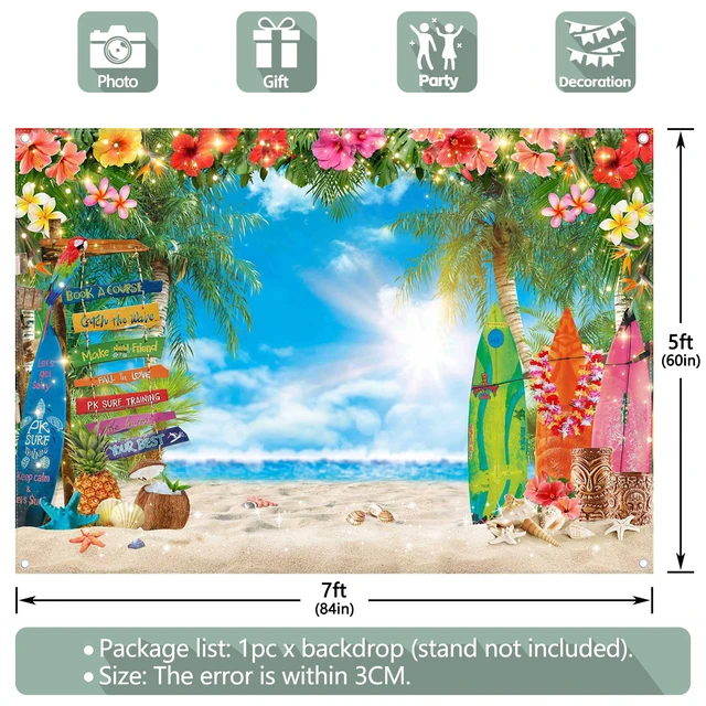 Alt view image 4 of 7 - 7x5ft Summer Hawaiian Beach Photography Tropical Luau Backdrop | Flower Palm Leaves Background, Aloha Party Supplies, Surfboard Banner, Holiday Photo Booth, Polyester, Grommets, 1PC