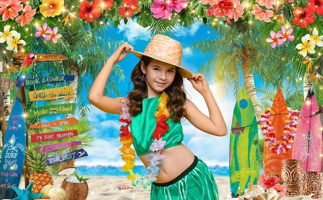 Alt view image 3 of 7 - 7x5ft Summer Hawaiian Beach Photography Tropical Luau Backdrop | Flower Palm Leaves Background, Aloha Party Supplies, Surfboard Banner, Holiday Photo Booth, Polyester, Grommets, 1PC