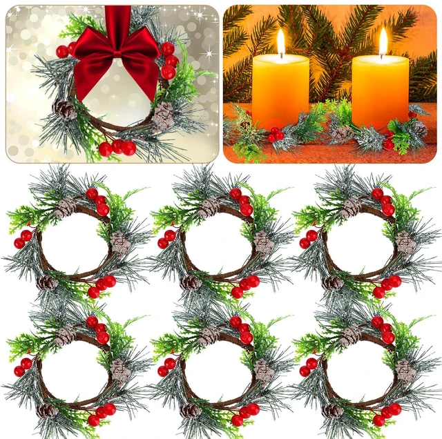 Main image of 6 Pcs 4.7 Inch Christmas Candle Ring Mini Christmas Wreaths, Red | Artificial Berry Candle Rings with Pine, Small Wreaths for Table Centerpiece, Home Cabinets Wedding Christmas Holiday Decor