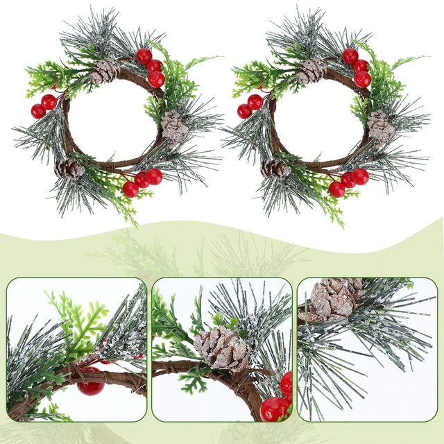 Alt view image 3 of 7 - 6 Pcs 4.7 Inch Christmas Candle Ring Mini Christmas Wreaths, Red | Artificial Berry Candle Rings with Pine, Small Wreaths for Table Centerpiece, Home Cabinets Wedding Christmas Holiday Decor