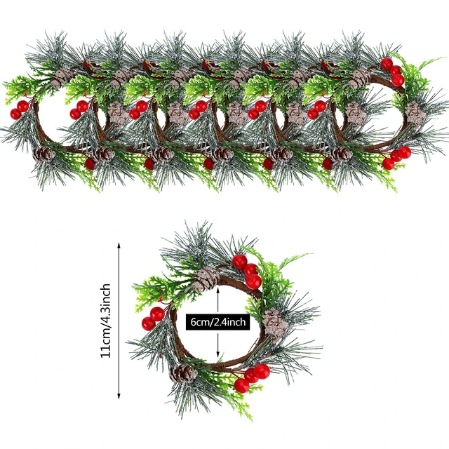 Alt view image 2 of 7 - 6 Pcs 4.7 Inch Christmas Candle Ring Mini Christmas Wreaths, Red | Artificial Berry Candle Rings with Pine, Small Wreaths for Table Centerpiece, Home Cabinets Wedding Christmas Holiday Decor